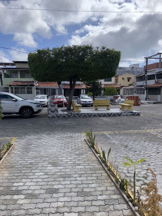 Rua com praça arborizada em frente ao prédio